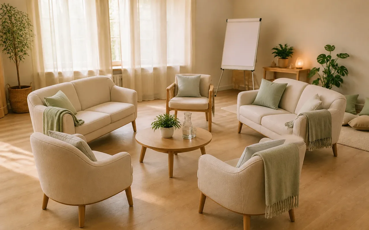 Salle d'atelier chaleureuse préparée en cercle : fauteuils crème, plaids sauge et paperboard, prête à accueillir un groupe.
